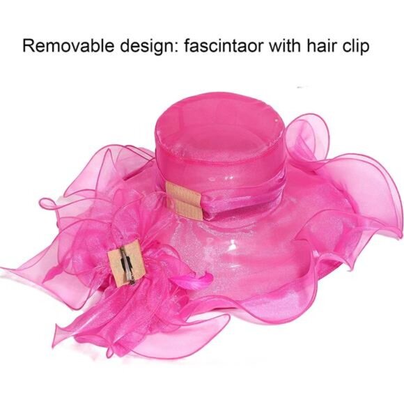 Women Sun Hat Church Wide Brim Hot Pink - Picture 5 of 7